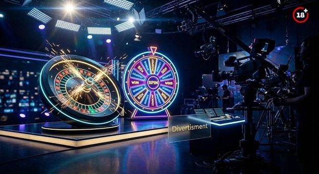 ruleta2 live dealer - Jurnalul Olteniei – Știri din Craiova și Oltenia Television game show studio with two illuminated prize wheels on a stage, cameras, and bright studio lighting.