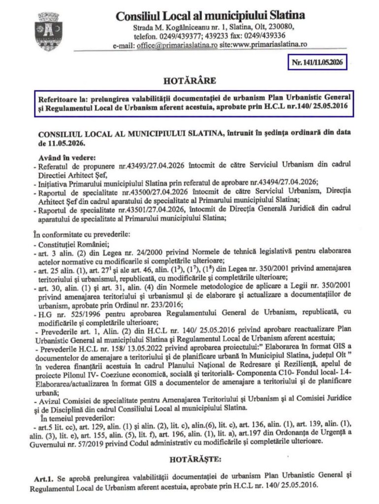 Official notice from the Slatina Local Council about extending the validity of the Urban General Plan and Local Urbanism Regulations (H.C.L. no. 140/25.05.2016).