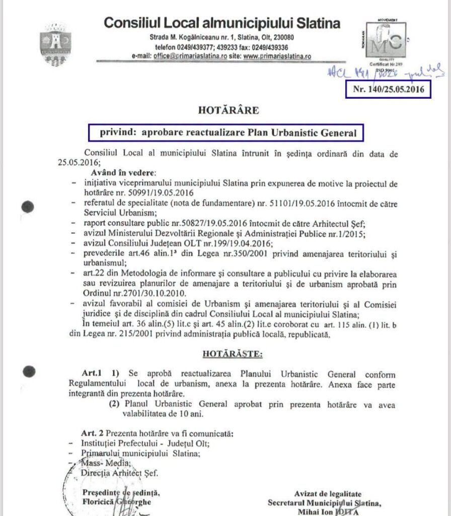 Official document from the Slatina Local Council, with seal and header, titled HOTĂRÂRE regarding Plan Urbanistic General (Nr. 140/25.05.2016).