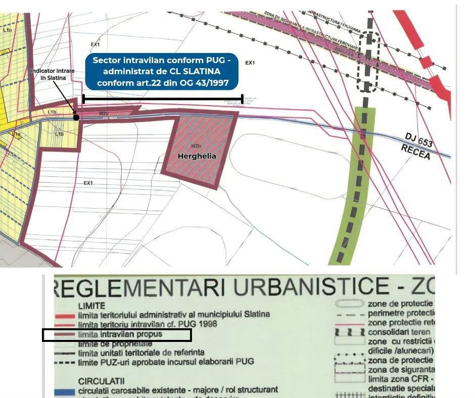 Zoning map of Slatina area with Herghelia area highlighted and a blue callout box, plus a lower panel showing urban regulation legend.