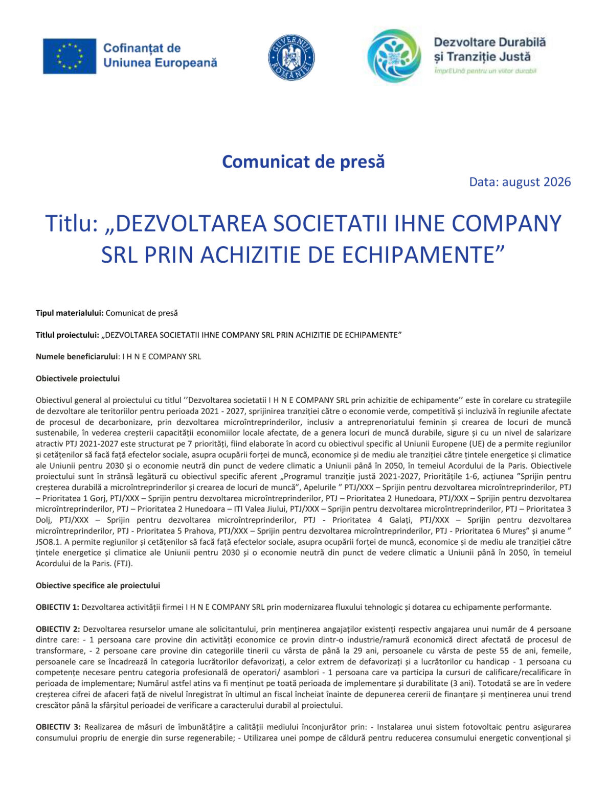 Front page of a press release with EU and organizational logos and a Romanian title about acquiring equipment by IHNE COMPANY SRL.