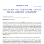 Front page of a press release with EU and organizational logos and a Romanian title about acquiring equipment by IHNE COMPANY SRL.