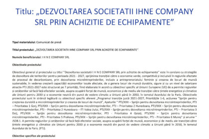 Front page of a press release with EU and organizational logos and a Romanian title about acquiring equipment by IHNE COMPANY SRL.