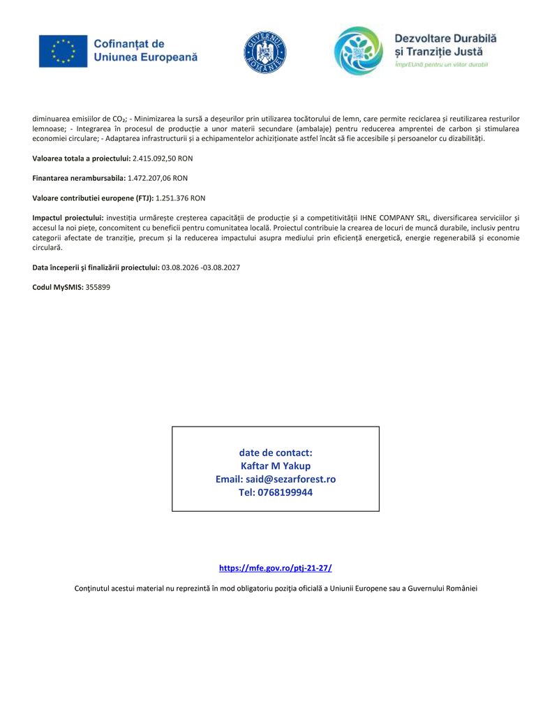 Document page with EU and program logos and Romanian project details, funding amounts and dates, plus a contact box.
