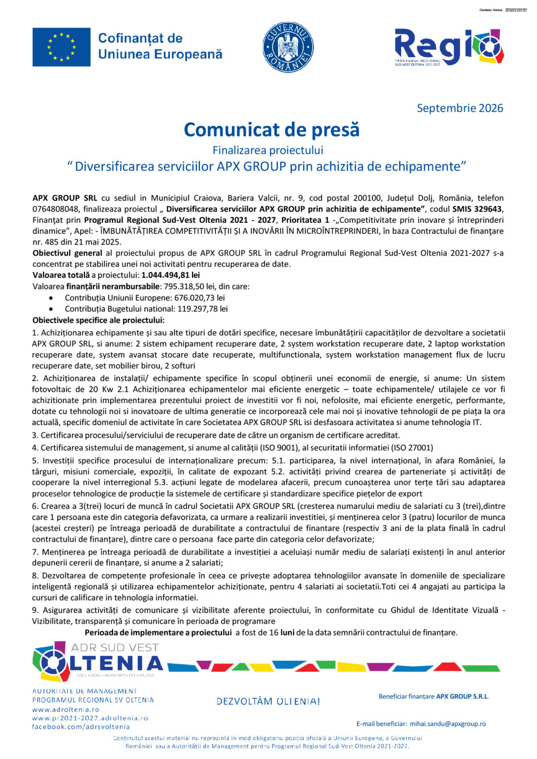 329643_Comunicat+de+presa+fara+logo+beneficiar 1709rev1 - Jurnalul Olteniei – Știri din Craiova și Oltenia Press release document header with EU and Romanian logos, title 'Comunicát de presă' and project details in Romanian.
