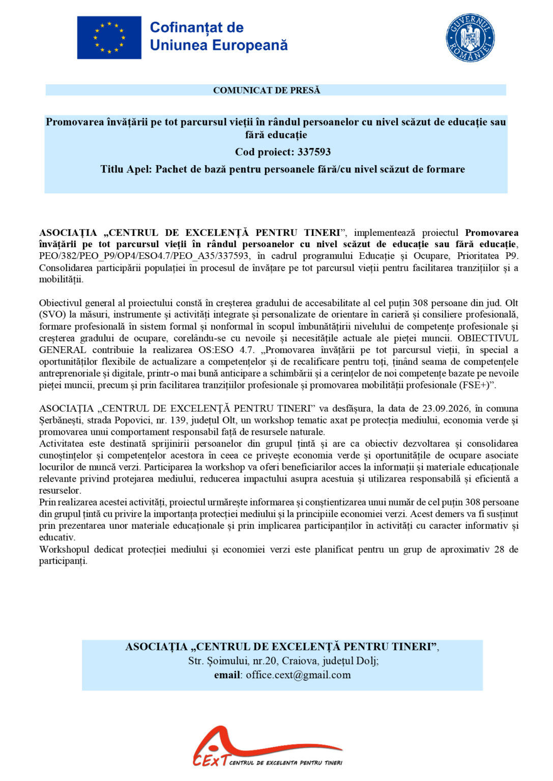 EU flag and Romanian government seal header; 'COMUNICAT DE PRESĂ' with a blue highlighted project banner in Romanian text (press release page).