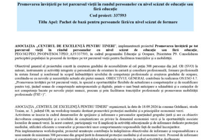 European Union and Romanian government logos with a formal press release header, followed by a light blue banner reading 'COMUNICAT DE PRESĂ' and a blue-highlighted section with project title and code, then a Romanian body text starting with the association name and mission statement.