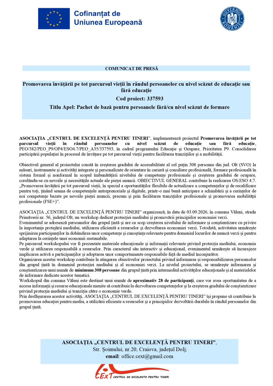 Press release header featuring EU flag and Romanian government seal, with a light blue bar reading 'COMUNICAT DE PRESĂ' and Romanian title text below.