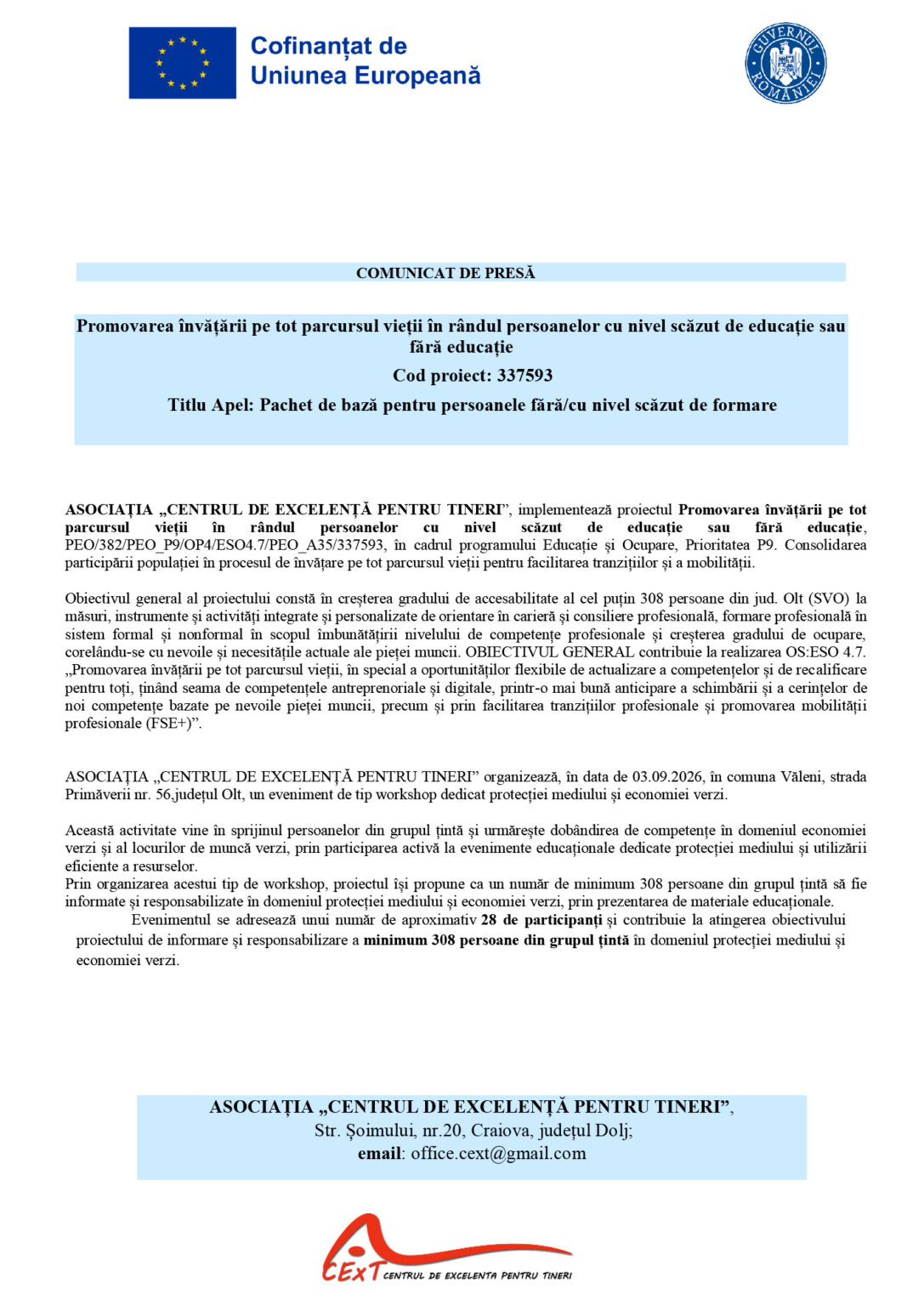 Press release page header showing EU flag and Romanian government seal, with the title 'COMUNICAT DE PRESĂ' and a light blue banner containing the project title in Romanian.