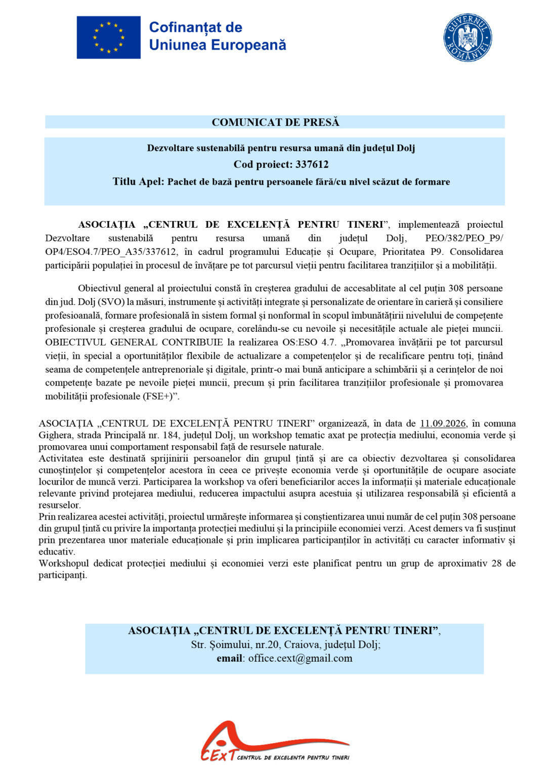 337612-COMUNICAT_DE_PRESA 2 1 - Jurnalul Olteniei – Știri din Craiova și Oltenia Official press release page header with EU flag, Romanian government seal, and a blue banner reading 'COMUNICAT DE PRESĂ' and a light blue section with project title text in Romanian.
