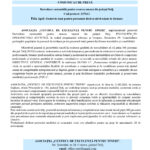 Official press release page header with EU flag, Romanian government seal, and a blue banner reading 'COMUNICAT DE PRESĂ' and a light blue section with project title text in Romanian.