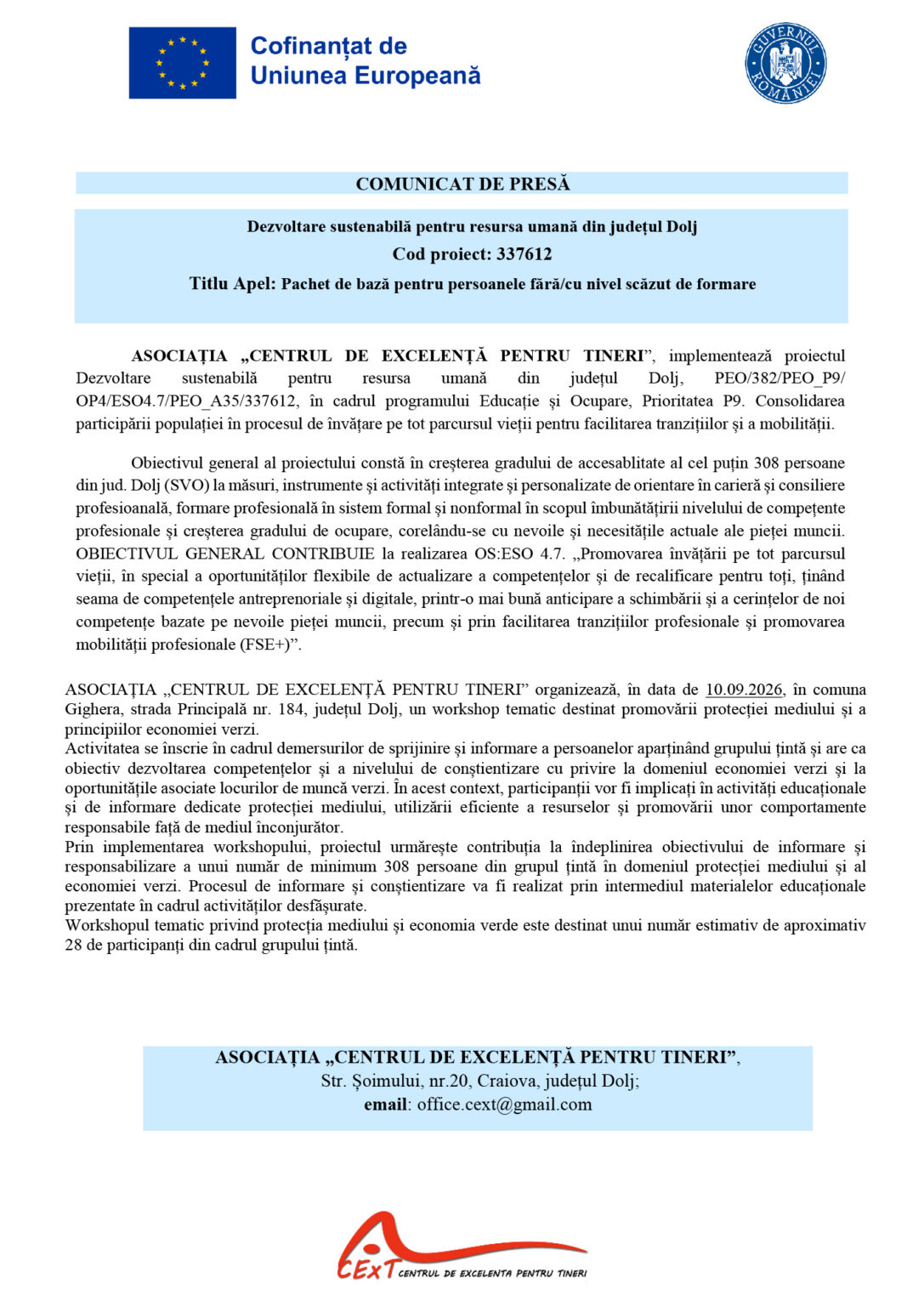 337612-COMUNICAT_DE_PRESA 2 2 - Jurnalul Olteniei – Știri din Craiova și Oltenia Press release header with EU flag and Romanian seal, title 'COMUNICAT DE PRESĂ' and opening Romanian paragraphs about sustainable development in Dolj.