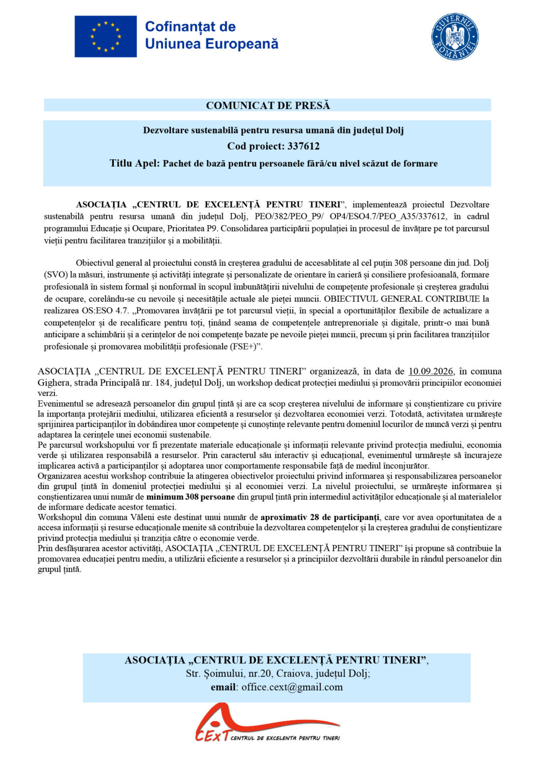 337612-COMUNICAT_DE_PRESA 2 3 - Jurnalul Olteniei – Știri din Craiova și Oltenia Press release header with EU flag on the left and Romanian government seal on the right, and the title 'COMUNICAT DE PRESĂ'.