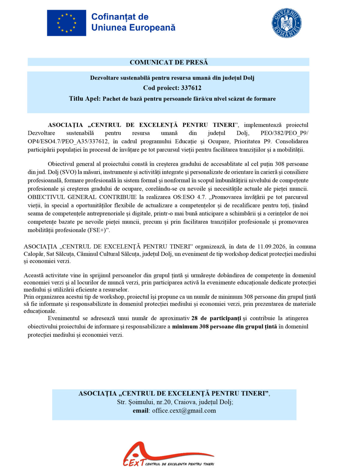 337612-COMUNICAT_DE_PRESA 2 4 - Jurnalul Olteniei – Știri din Craiova și Oltenia Press release page header: EU flag, Romanian government seal, and Romanian title about a sustainable development project.
