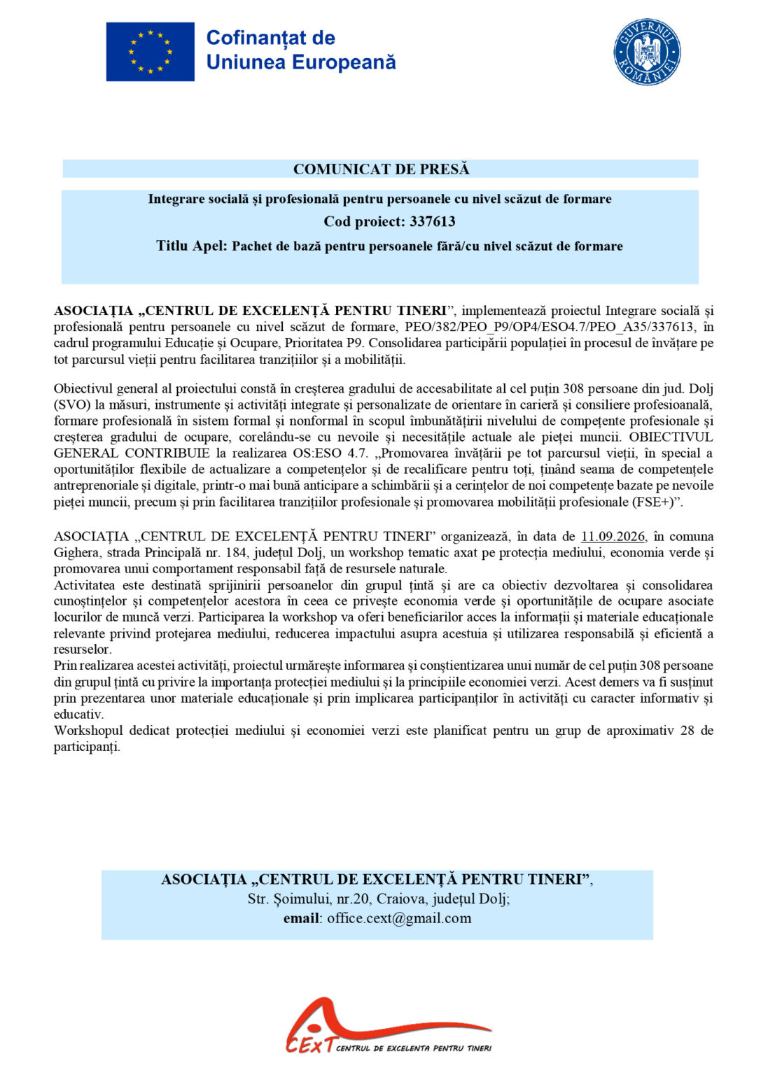 337613-COMUNICAT_DE_PRESA 2 1 - Jurnalul Olteniei – Știri din Craiova și Oltenia Official press release page featuring EU flag and Romanian government seal, with the title 'COMUNICAT DE PRESĂ' and project details in Romanian.