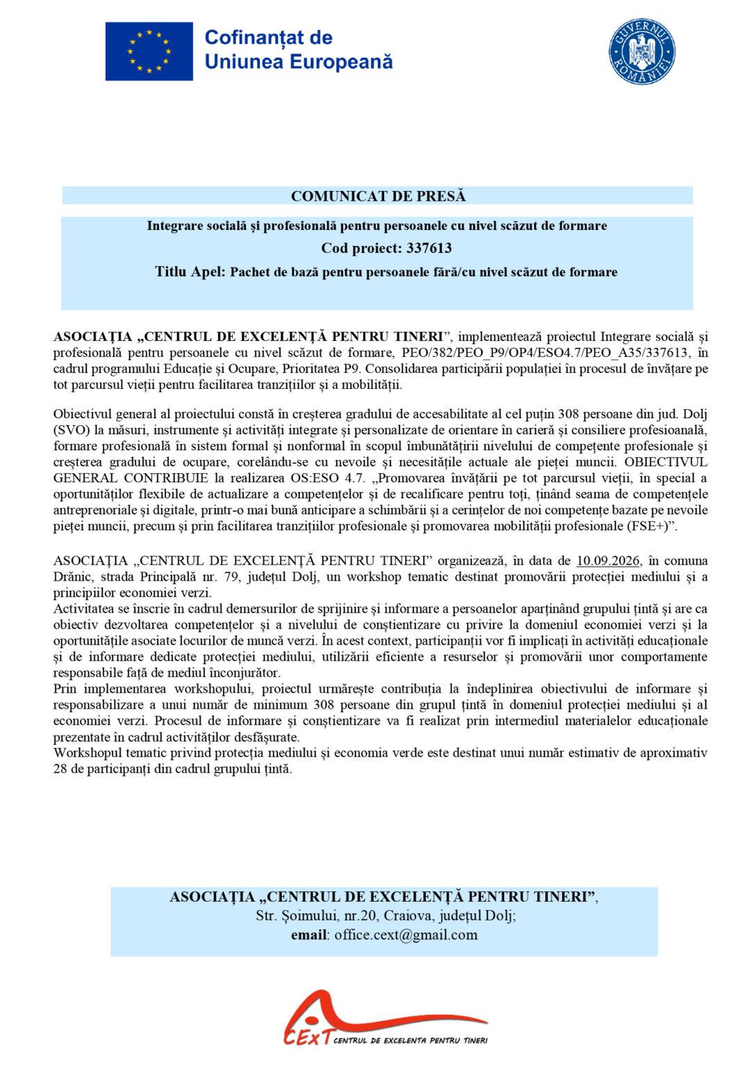 Press release header with EU flag and Romanian government seal; title 'COMUNICAT DE PRESĂ' and blue banner announcing project 'Integrare socială și profesională... Cod proiect: 337613'