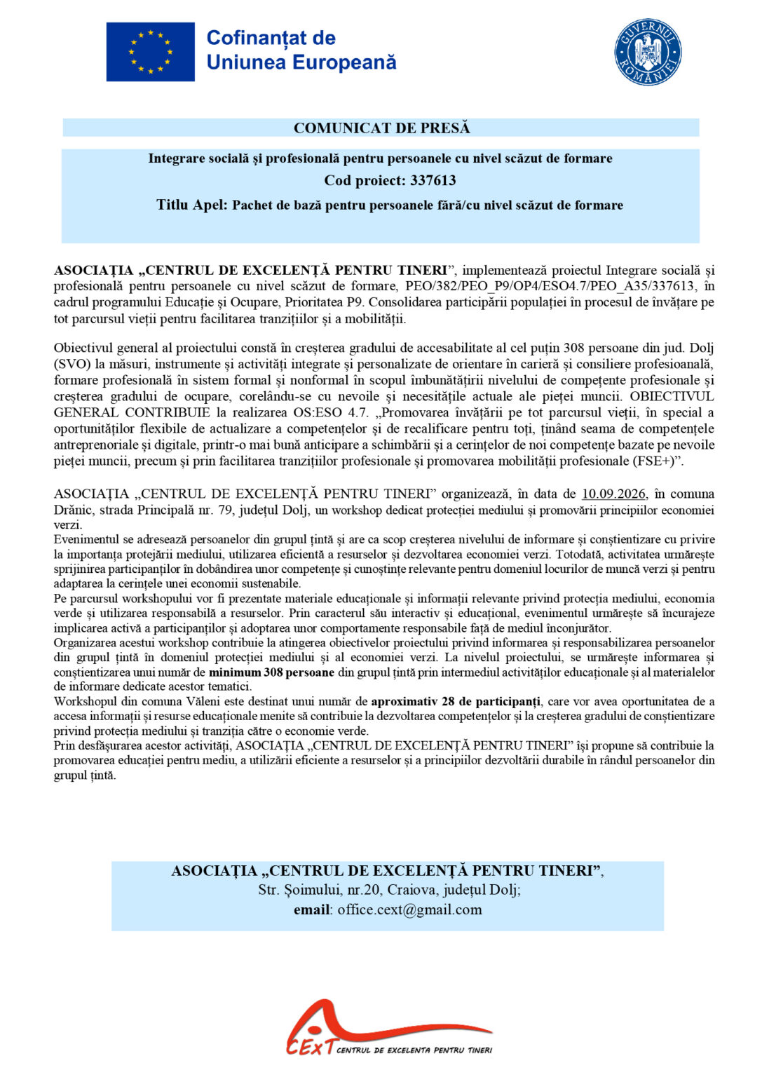 Header of a Romanian press release funded by the European Union, showing the EU flag, government seal, and blue banners reading 'COMUNICAT DE PRESĂ' with project details
