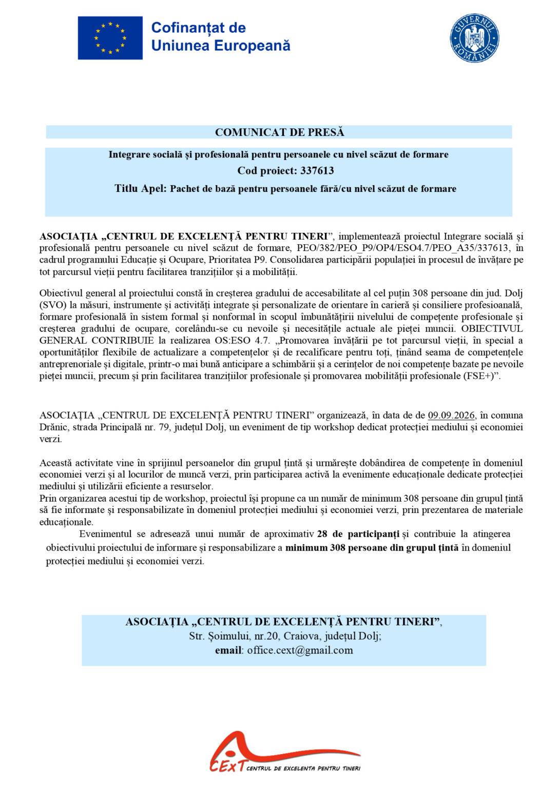 EU flag and Romanian government seal header with a blue press release banner and Romanian text beginning 'COMUNICAT DE PRESĂ'.