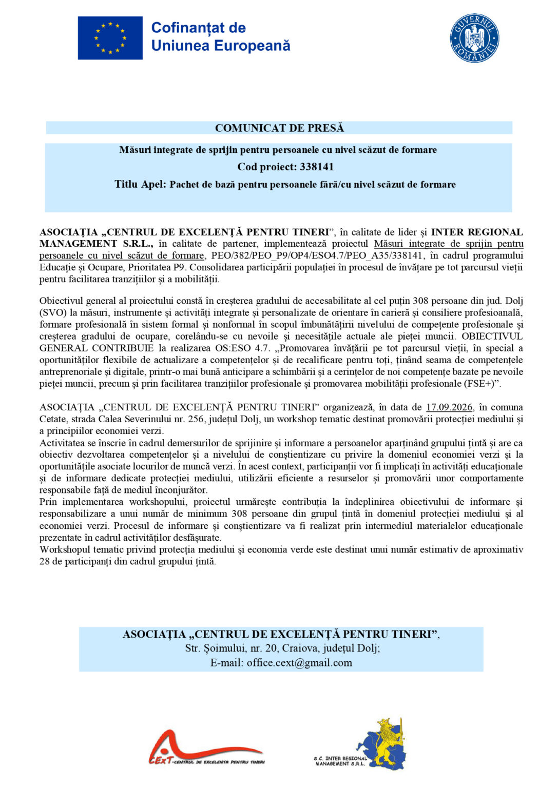338141-COMUNICAT_DE_PRESA 2 2 - Jurnalul Olteniei – Știri din Craiova și Oltenia Official press release header from EU-funded project document, Romanian text and logos (EU flag, government seal) at top