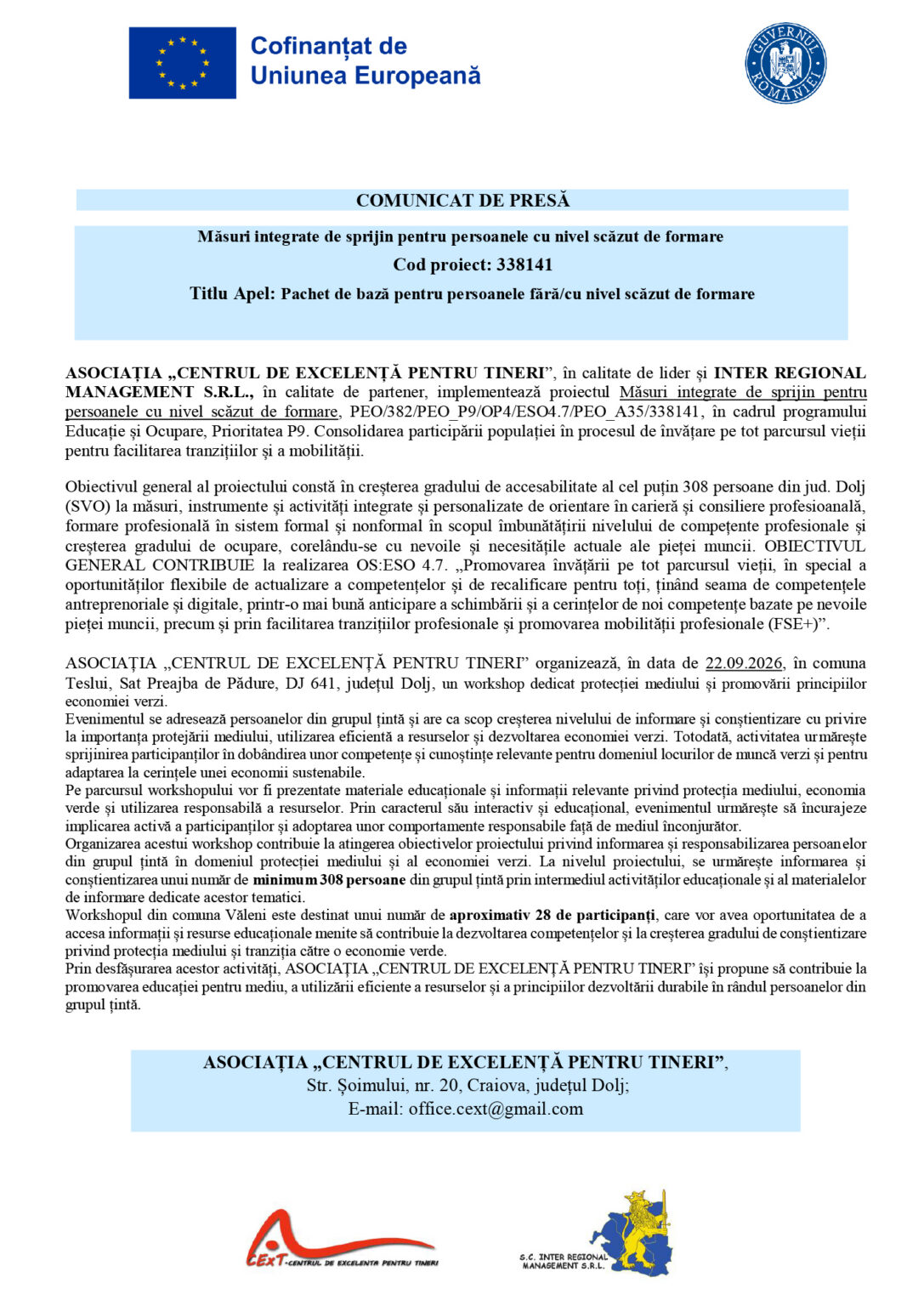 Header of a Romanian press release with EU flag and 'Cofinanțat de Uniunea Europeană' logo, government seal, and a blue banner reading 'COMUNICAT DE PRESĂ' with project details in a lighter blue block.