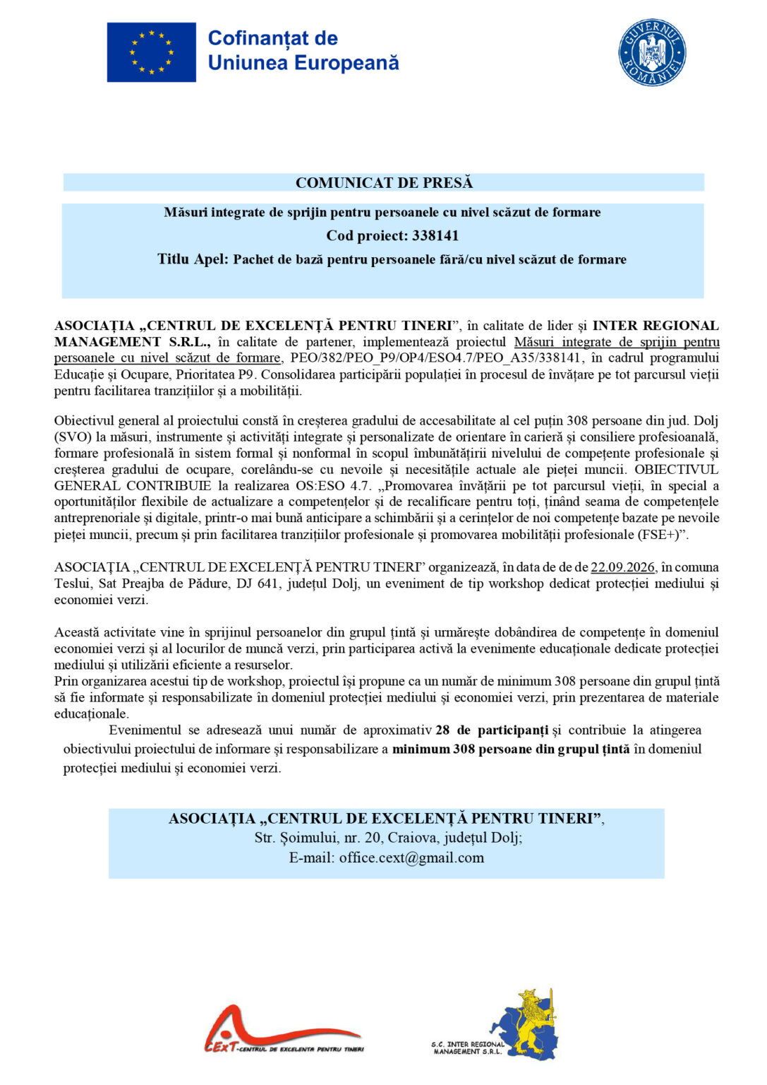 Official Romanian press release header about integrated support measures for people with low education, with EU and government logos and a blue project banner at the top.