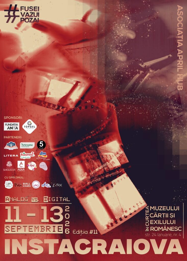 Colorful poster featuring overlapping hands, film strip, and splatter textures; Romanian text announces a September event with sponsor logos and dates 11–13, 2016; large event title at bottom.