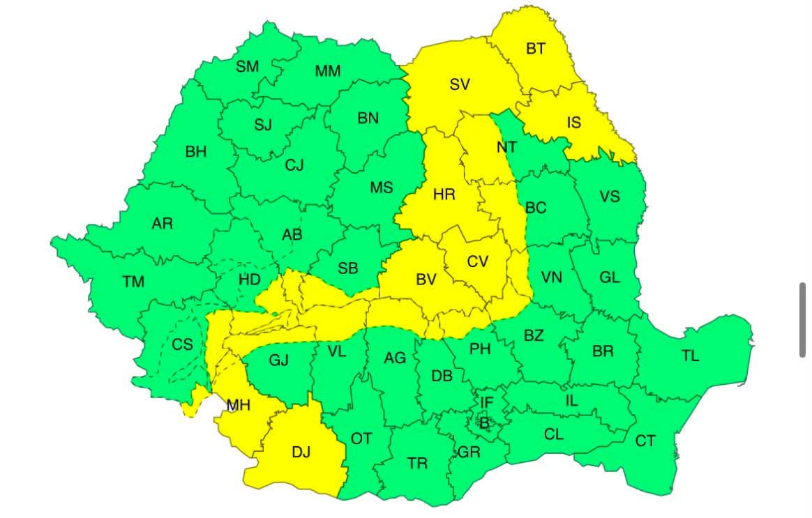 Color-coded map of a country’s districts with two-letter codes, mostly green and some yellow.