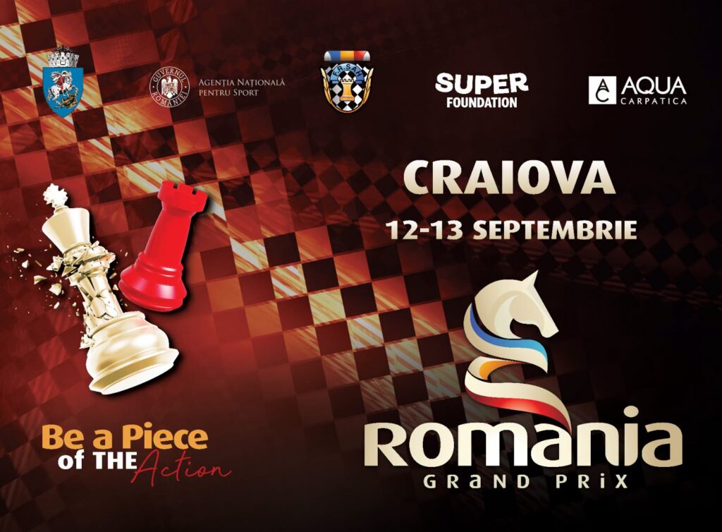 Craiova Romania Grand Prix poster featuring chess pieces, event dates (Sept. 12–13) and sponsor logos on a red checkered background.