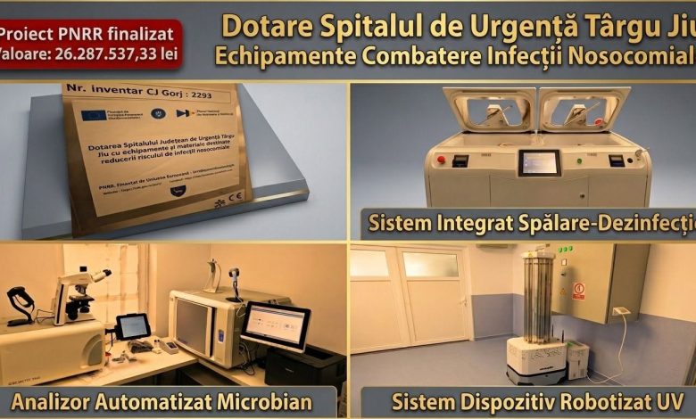 Collage of hospital equipment: grant plaque, UV disinfection system, automated microbiology analyzer, and robotic UV device in a hallway; Romanian text identifiers visible.