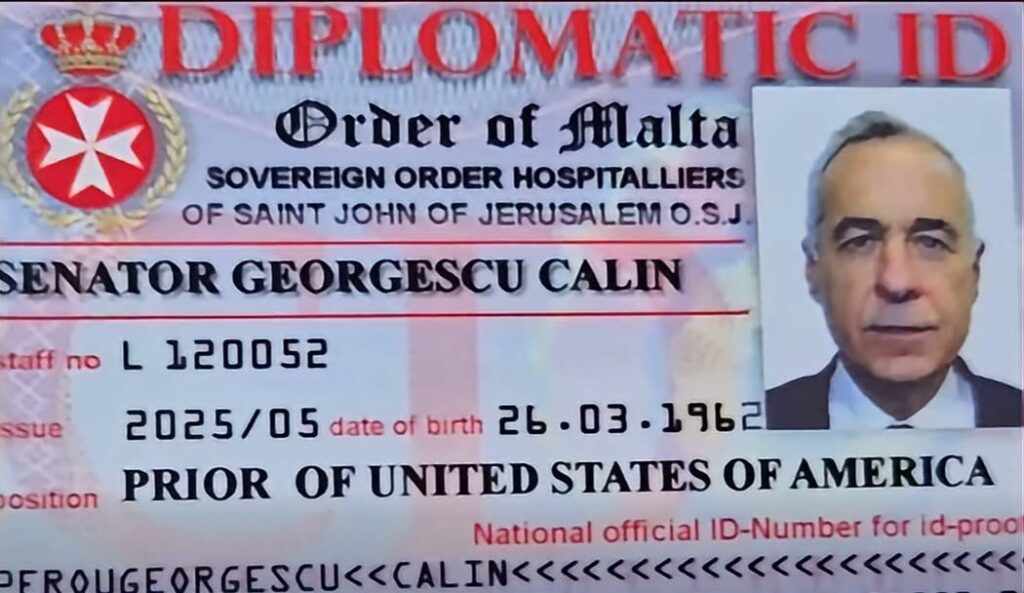 Diplomatic ID card for the Order of Malta with a portrait on the right; shows name Senator Georgescu Calin, birth date 26.03.1962, and title 'Prior of United States of America'.