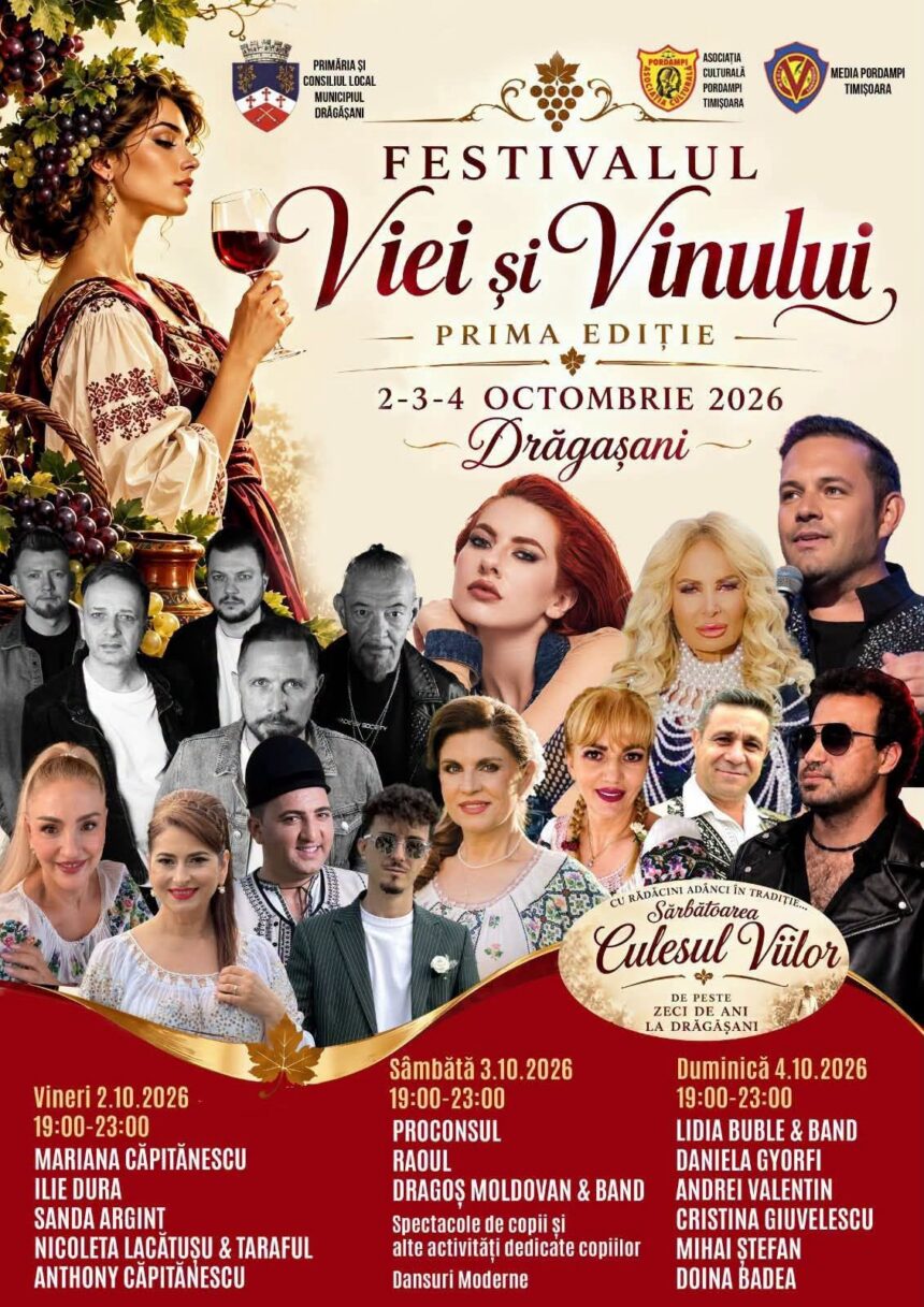Promotional poster for the Viei si Vinului festival in Drăgășani, Oct 2–4, 2026, featuring wine, grapes, and a collage of performers.
