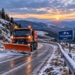 Orange snowplow clears a snowy mountain road at sunset, with a Transalpina DN67C sign on the right.