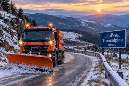 Orange snowplow clears a snowy mountain road at sunset, with a Transalpina DN67C sign on the right.