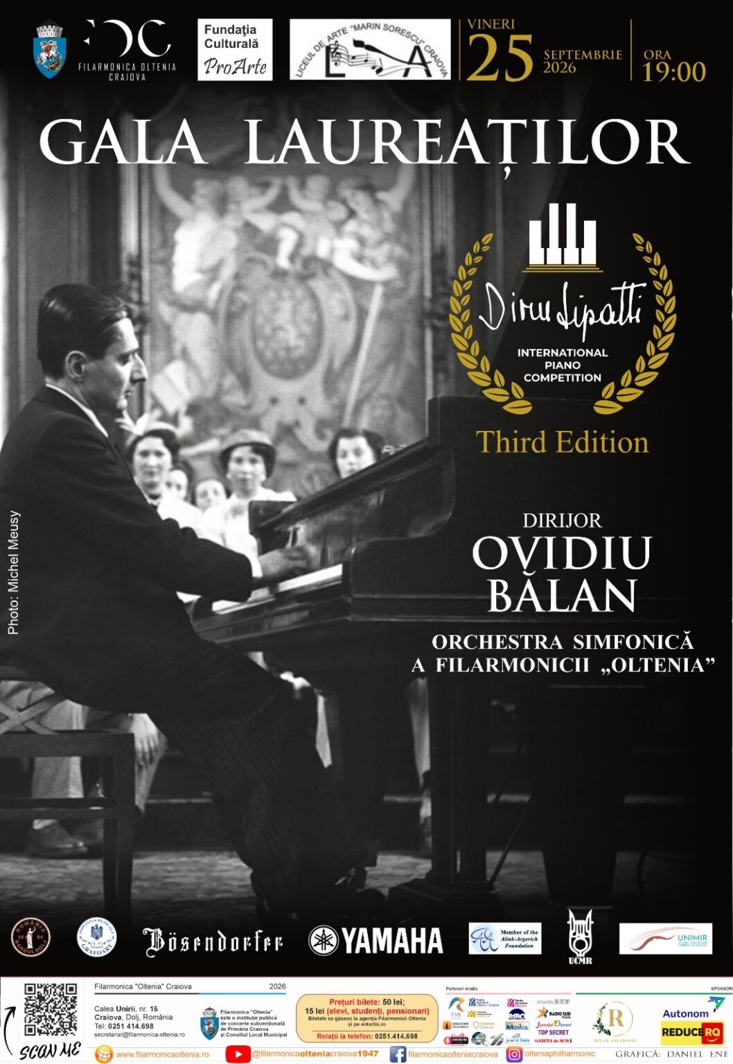 Afis Dinu Lipatti 2026 - Jurnalul Olteniei – Știri din Craiova și Oltenia Poster announcing Gala Laureaților for the Dinulipotti International Piano Competition, featuring pianist Ovidiu Bălan at the piano with the orchestra
