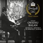 Poster announcing Gala Laureaților for the Dinulipotti International Piano Competition, featuring pianist Ovidiu Bălan at the piano with the orchestra