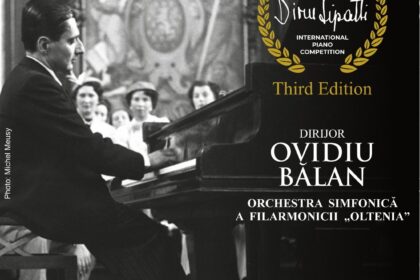 Poster announcing Gala Laureaților for the Dinulipotti International Piano Competition, featuring pianist Ovidiu Bălan at the piano with the orchestra