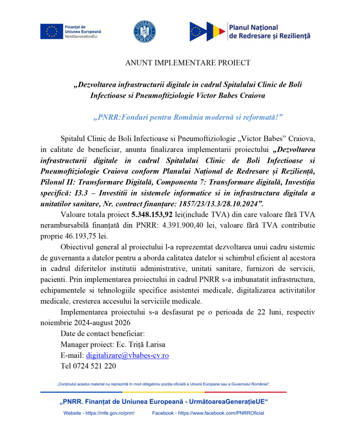 COMUNICAT PNRR presa la finalul proiectului - Jurnalul Olteniei – Știri din Craiova și Oltenia Document page with EU and Romanian logos and a Romanian project announcement title about digital infrastructure in a hospital (Victor Babes Craiova).