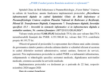 Document page with EU and Romanian logos and a Romanian project announcement title about digital infrastructure in a hospital (Victor Babes Craiova).