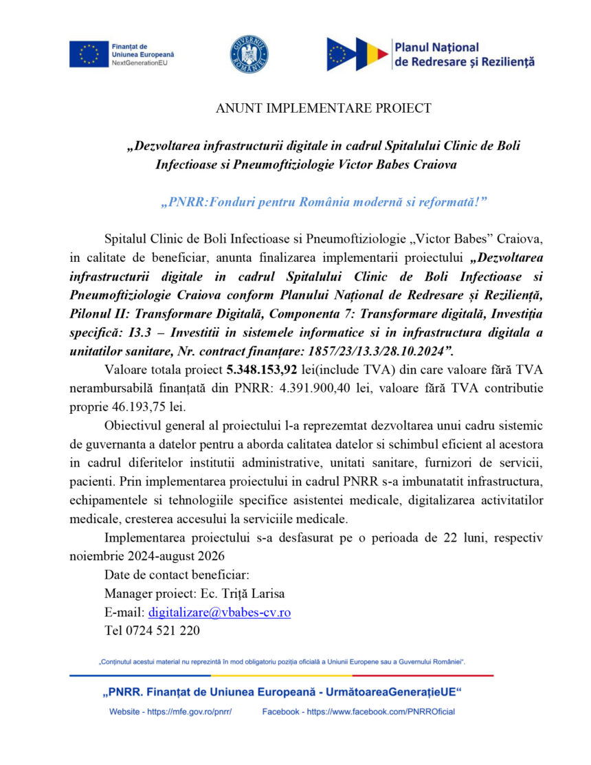 Document page with EU and Romanian logos and a Romanian project announcement title about digital infrastructure in a hospital (Victor Babes Craiova).