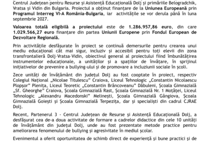 Comunicat de presă privind derularea proiectului „Educație pentru incluziune – O abordare transfrontalieră”