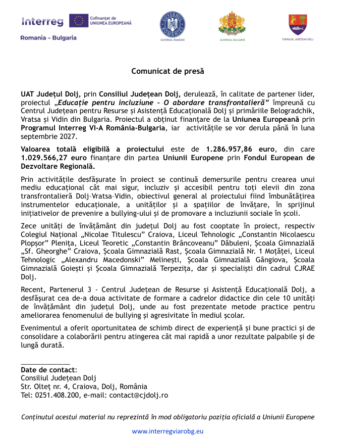 Comunicat de presă privind derularea proiectului „Educație pentru incluziune – O abordare transfrontalieră”