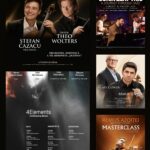 Collage of classical music posters: a large left poster with two violinists and several right-column event promos show casts and masterclasses, plus a 4Elements poster on bottom left.