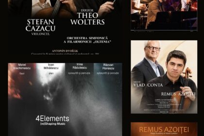 Collage of classical music posters: a large left poster with two violinists and several right-column event promos show casts and masterclasses, plus a 4Elements poster on bottom left.