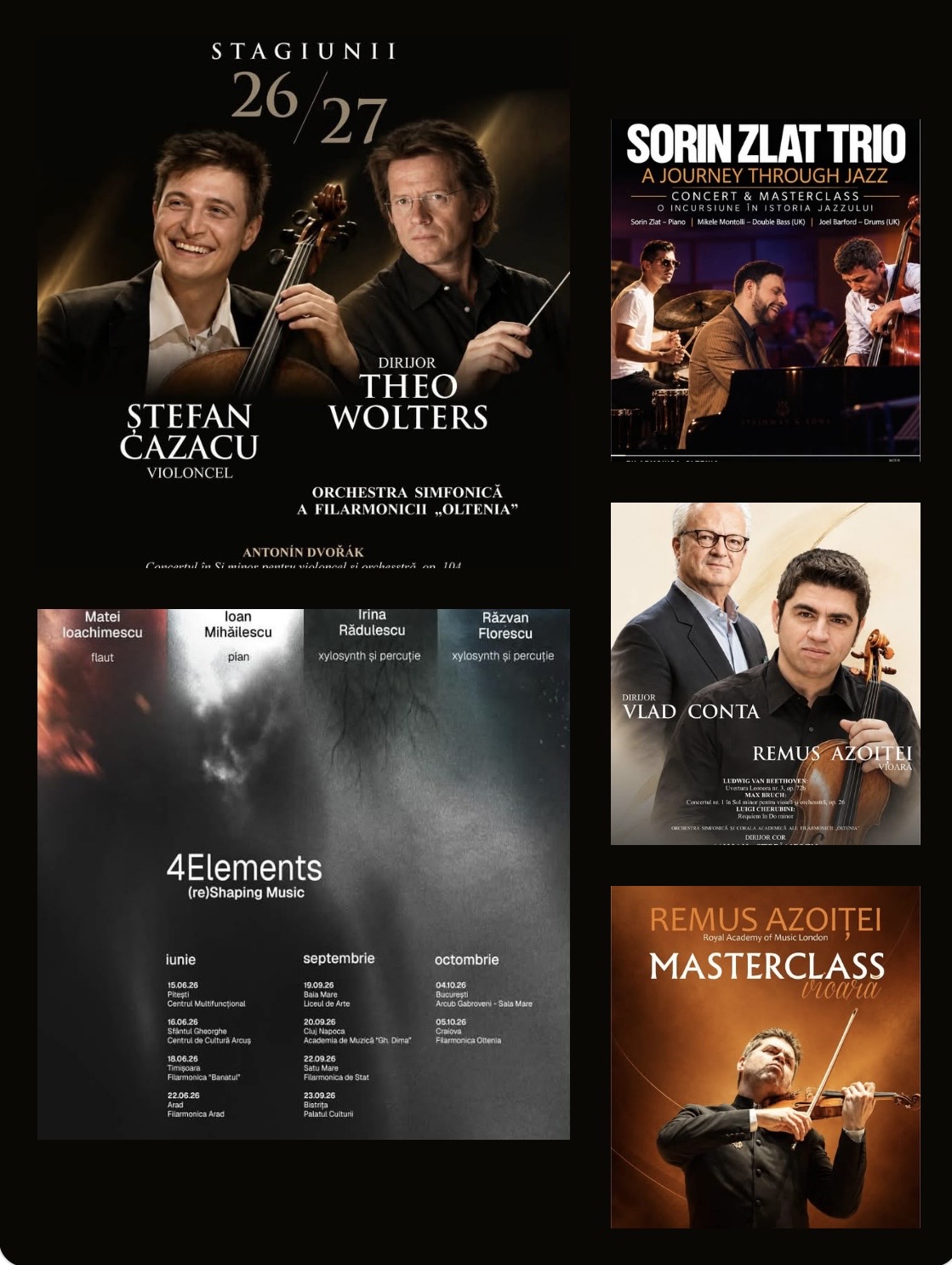 Collage of classical music posters: a large left poster with two violinists and several right-column event promos show casts and masterclasses, plus a 4Elements poster on bottom left.