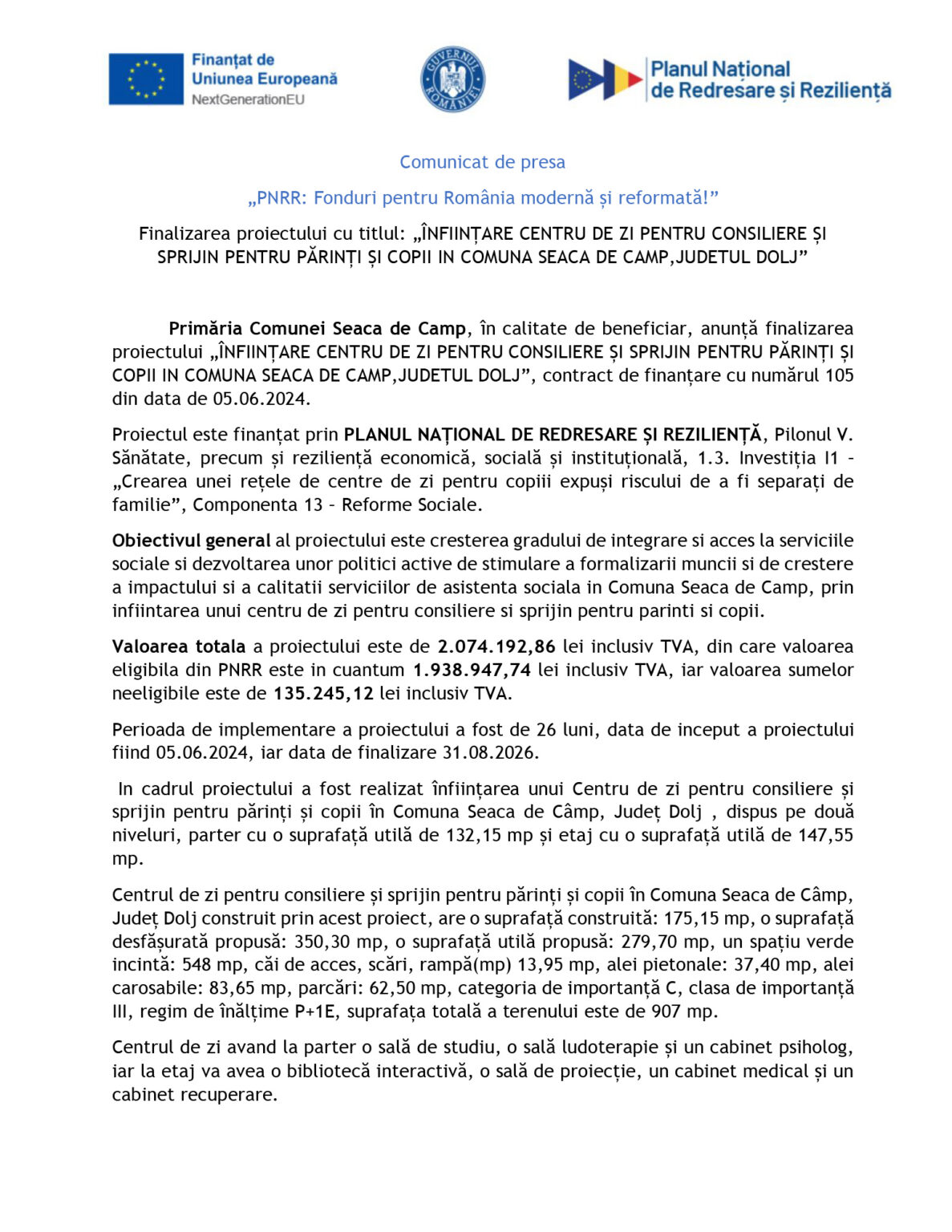 Official press release header with EU and Romanian logos; Romanian text about funding for a day center project.