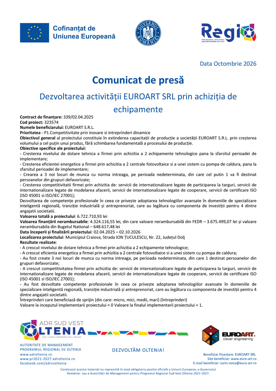 Copy of Comunicat de presa - Jurnalul Olteniei – Știri din Craiova și Oltenia Official press release page header with EU and regional logos and Romanian government seal, dated October 2026, about equipment procurement by EUROART S.R.L.