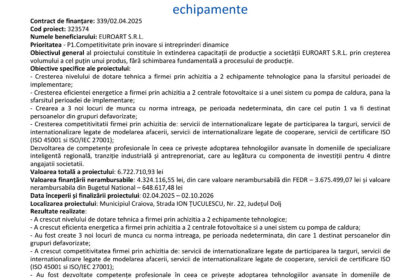 Official press release page header with EU and regional logos and Romanian government seal, dated October 2026, about equipment procurement by EUROART S.R.L.