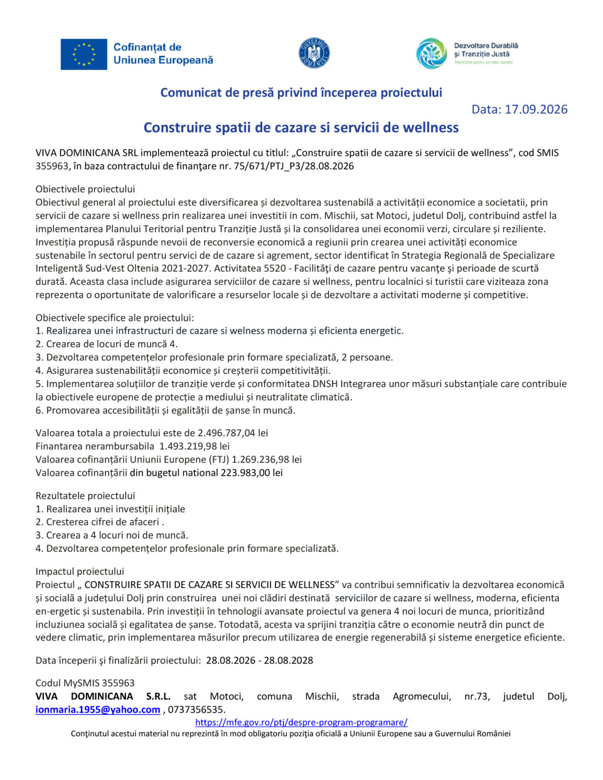 Official press release about building housing and wellness services, dated 17.09.2026, with EU and Romanian logos.