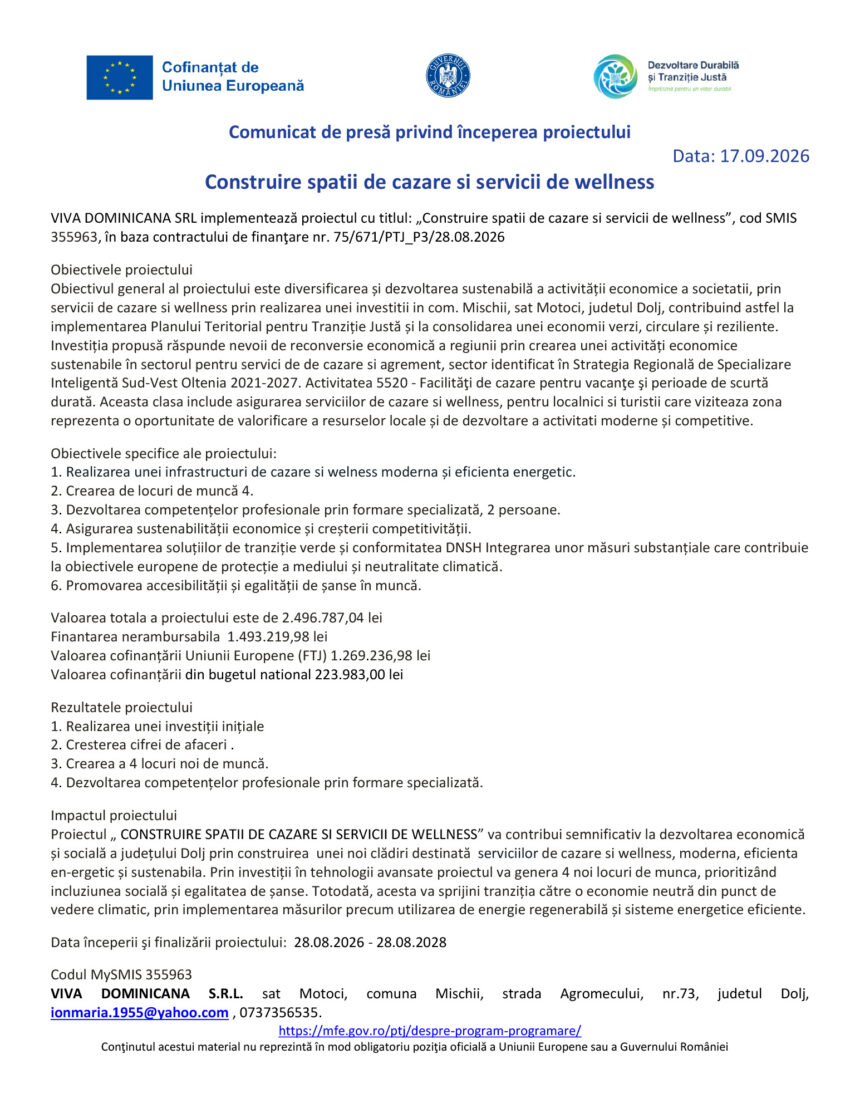 Official press release about building housing and wellness services, dated 17.09.2026, with EU and Romanian logos.