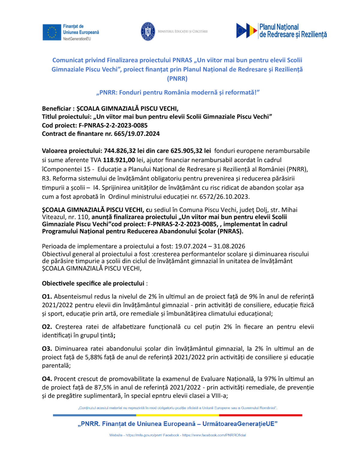 Official announcement document about completing a PNRR project for a Romanian school, shown with EU and government logos at the top.